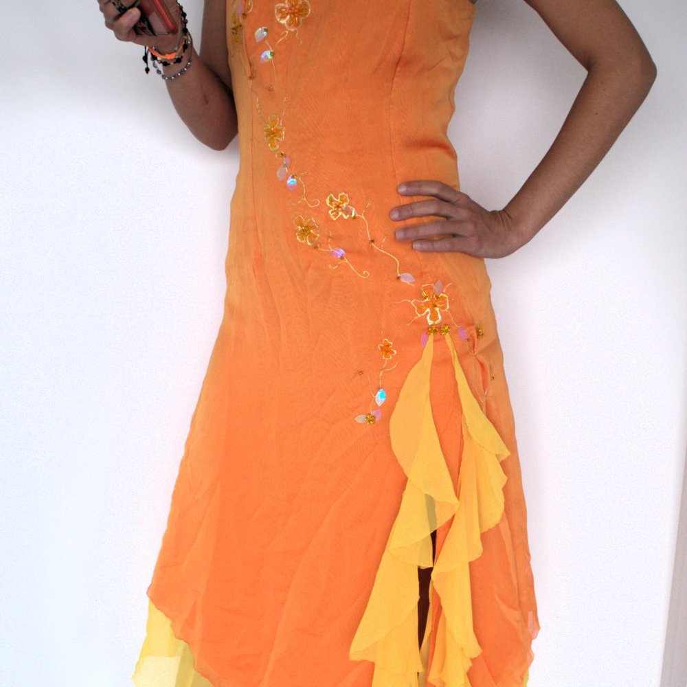 Assymmetrical Top With Handmade Decorations And A Flamenco Style Skirt Dress